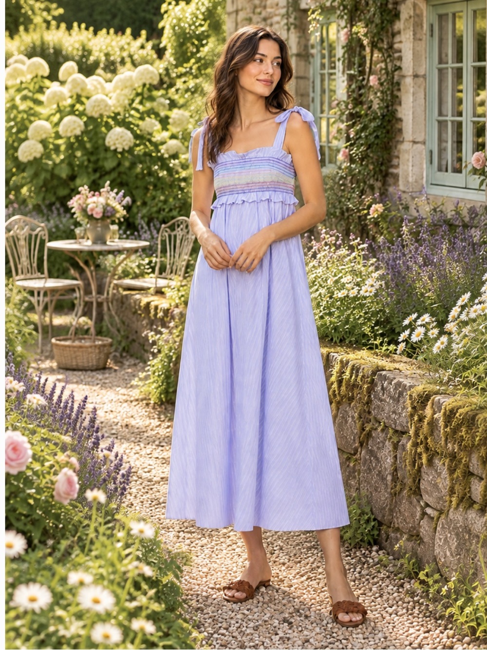 PETERSYN Women’s Hathaway Striped Poplin Embroidered Smocked Maxi Dress S